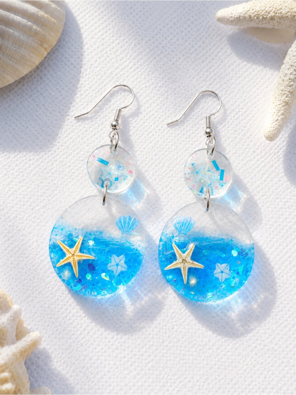 Beach Ocean Resin Earrings Glow In The Dark Starfish Seashell Handmade Dangle